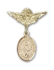 14K Gold Baby Badge with St. Lidwina of Schiedam Charm and Angel with Wings Badge Pin