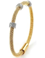 Sterling Silver & Cz 3 Station 18k Yellow Gold Plated Magnetic Bangle