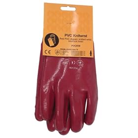 4 Pairs Red PVC Knitwrist Gloves, Fully Waterproof, Chemical / Oil / Detergent handling.
