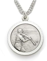 .925 Sterling Silver Baseball Medal Pendant, St. Saint Christopher on Back Sports Jewelry w/Chain 20" Length Rhodium Plated Strong Stainless Steel Necklace, Gift Boxed for Boys, Girls, Men or Women