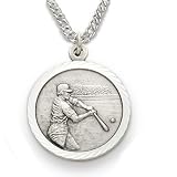 Sterling Silver 3/4 Round Baseball Player Medal with St. Christopher on the Back on 20 Chain