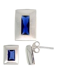 Sterling Silver Matte-finish Rectangular Earrings (9mm tall) & Pendant Slide (14mm tall) Set, w/ Emerald Cut Blue Sapphire-colored CZ Stones