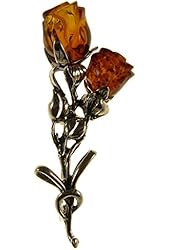 BALTIC AMBER AND STERLING SILVER 925 DESIGNER COGNAC ROSES BROOCH PIN JEWELLERY JEWELRY