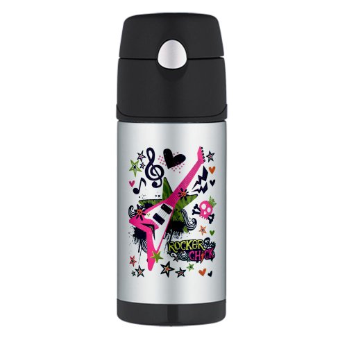 Thermos Travel Water Bottle Rocker Chick - Pink Guitar Heart and Treble Clef