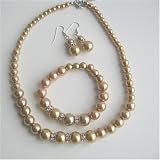Pearls Jewlery Bridal Bridemaides Golden Pearls Necklace Sterling Silver Earring w/ Stretchable Bracelet (BRAND NEW)