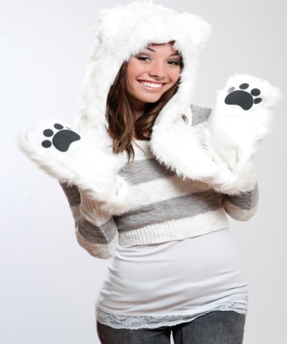 Polar Bear Full Animal Hood Hoddie Hat Faux Fur 3 In 1 Function