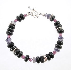 Bracelet of Onyx, Iolite, Czechoslovakian Glass and Sterling Silver, #8606
