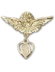 Gold Filled Baby Badge with Guardian Angel Charm and Angel w/Wings Badge Pin