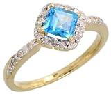 14k Gold Stone Ring, w/ 0.25 Carat Brilliant Cut Diamonds & 0.65 Carat 5mm Princess Cut Blue Topaz Stone, 3/8 (9mm) wide