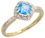 14k Gold Stone Ring, w/ 0.25 Carat Brilliant Cut Diamonds & 0.65 Carat 5mm Princess Cut Blue Topaz Stone, 3/8" (9mm) wide
