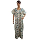 Bohemian Resort Wear White Green Floral Printed Cotton  Kaftan Caftans Patio Wear for Womens Medium