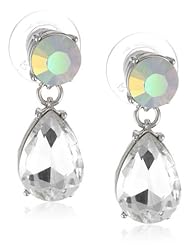 Roman Bride Simulated Clear and Frosted Crystal Round Teardrop Earrings, 1.05"