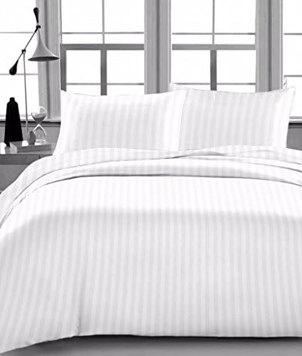 Olympic Queen Size Linen Park Egyptian Cotton 450-Thread-Count 6 PC's Sheet Set [+8 Inch] Pocket Drop, White Stripe