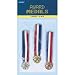 AMSCAN-3 award medals in gold silver and bronze. Each medal is attached to red white and blue vertical striped ribbons. Each medal is approximately 1 diameter. Warning: Choking hazard- small parts. Not for children under 3 years.