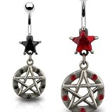 Gothic Pentacle With Five Red Gems and Star Cubic Zirconia Belly Ring - 14G - 3/8" - Sold Individually