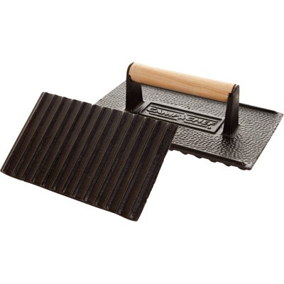 The Camp Chef 9-1/4-by-5-3/4-by-3-1/4-Inch Seasoned Cast Iron Bacon/Meat Press