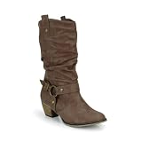 Buckle Strap Western Style Mid Calf Boot Taupe