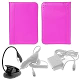 GTMax White Home Travel Charger + White Rapid Car Charger with IC Chip + Black LED Clip-On Reading Book Light + Hot Pink Leather Case with CC slot for Amazon Kindle Keyboard 3 (3G+WIFI)