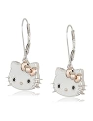 Hello Kitty by Simmons Jewelry Co. Enamel Face and Rose Gold Bow Lever Girls Back Earrings