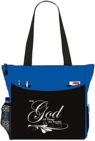 Matthew 19:26 With God All Things Are Possible Tote Bag Christian Bible Cover Verse Church Office School Travel Gym Book Organizer - Royal Blue & Black