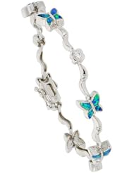 Sterling Silver Butterfly Bracelet Synthetic Opal Inlay and CZ stones, 7 1/4 inch long