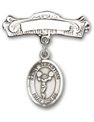 Sterling Silver Baby Badge with St. Sebastian/Cheerleading Charm and Arched Polished Badge Pin