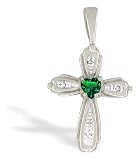 14K White Gold Heart Created Emerald and Diamond Cross Pendant