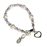 Sterling Silver Children's Jewelry Bracelet for Girls with Pearls, Lavender Crystals and Heart Charm in Gift Box, 6-11 years (6 -6.5