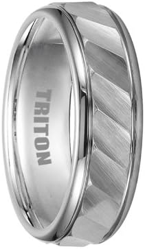 ALVEY White Tungsten Ring with Raised Brushed Diagonal Ridged Center by Triton Rings - 7mm