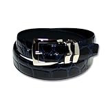 Crocodile Grain Embossed Bonded Navy Blue Leather Belt Silver Buckle