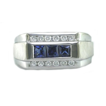 1 CT Men's Diamond Ring With Blue Sapphires In 18K White Gold SI1 Clarity