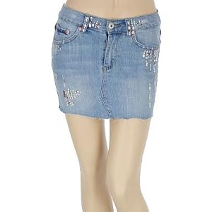 Low Waist Stretch Denim Sequined Cut Off Mini Skirt ( Choose Light or Dark Blue )