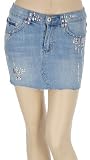 Low Waist Stretch Denim Sequined Cut Off Mini Skirt ( Choose Light or Dark Blue )