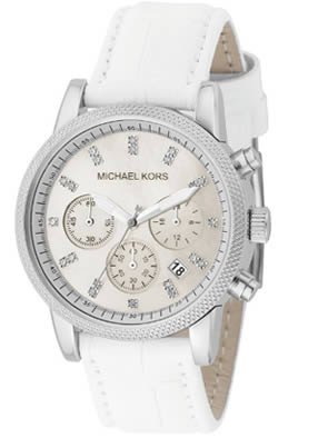 MICHAEL Michael Kors Watch, Women’s Chronograph White Leather Strap MK5049