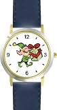 Elf - Santa Claus Helper Christmas Theme - WATCHBUDDY&reg; DELUXE TWO-TONE THEME WATCH - Arabic Numbers - Blue Leather Strap-Women's Size-Small