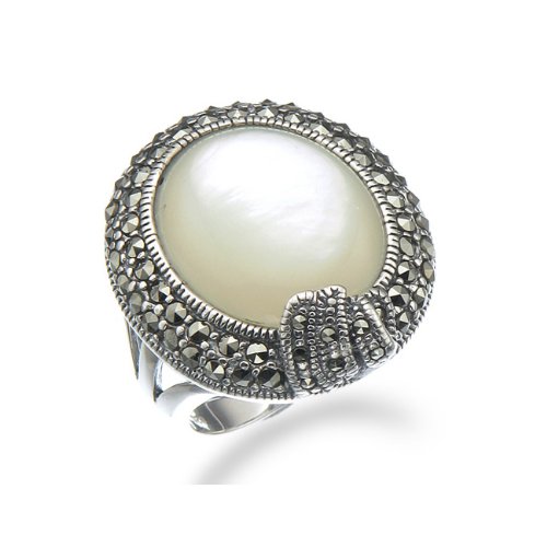 Mother of Pearl & Marcasite Ring In Sterling Silver In Size 7