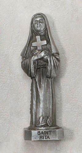 Pewter 3" Statue St. St Rita. Patron Saint of Baseball Players, Abuse Victims, Against Loneliness, Against Sterility, Bodily Iills, Desperate Causes, Difficult Marriages, Forgotten Causes, Impossible Cause, Infertility, Lost Causes, Parenthood, Sick People, Sickness, Victims of Physical Spouse Abuse, Widows &amp; Wounds.