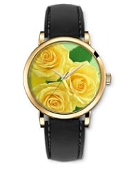 SPRAWL Aanalog Fashion Series Gold Ladies Watches of Genuine Black Leather Strap,Unique Wrist Watch for Women Girls Designed with yellow Roses