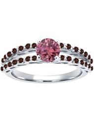 1.07 Ct Round Pink Diamond Red Garnet 18K White Gold Ring