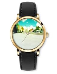 SPRAWL Aanalog Fashion Series Gold Ladies Watches of Genuine Black Leather Strap,Unique Wrist Watch for Women Girls Designed with City View