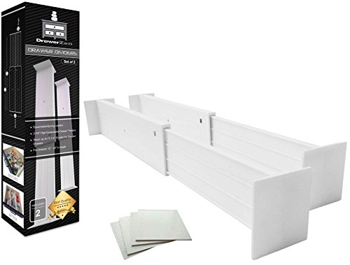 Adjustable Drawer Dividers and Drawer Organizer by DrawerZen - Clutter Free Kitchen Bathroom Bedroom Dresser Drawer Organization - White Expandable Spring Loaded Drawer Divider, Set of 2