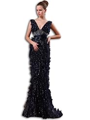 V-neck Fitted Beaded Tulle Mermaid Prom Dress 