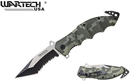Wartech Tactical Tanto Spring Assisted Rescue Knife, Green Camoflage