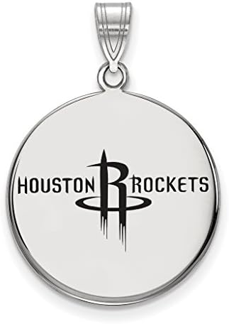 925 Sterling Silver Rhodium-plated Polished &amp; Laser-Cut NBA Houston Rockets Large Enamel Disc Charm Pendant