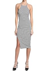 Striped Print Cotton/Spandex Slit Open-Back Tank High-Neck Bodycon Dress/Midi Dress 