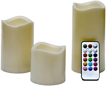 Flameless Color Changing Pillar Candles Set of 3 - Battery Operated with Remote Control - Flickering Option - 4 or 8 hour Timer + Includes 9 AAA Alkaline Batteries
