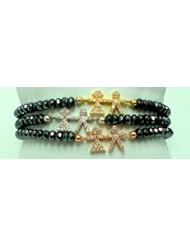 Stretch Bracelets Set of Three Sterling Silver CZ Boy and Girl Charm gold white and rose plated on 4mm Faceted Hematite Rondelle 6.75 Inches Aprox Handmade Unique