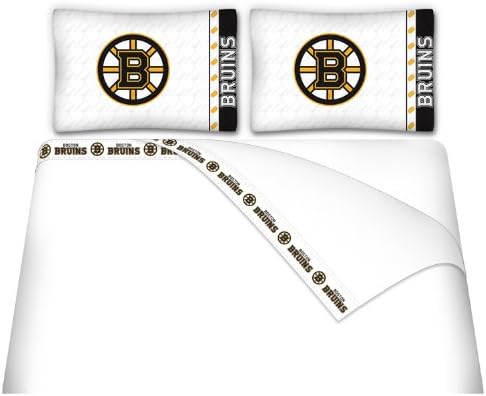 Boston Bruins Full Size Sheet Set (1 Flat Sheet, 1 Fitted Sheet, 2 Pillow Cases) NEW DESIGN WITH PRINTED FLAT SHEET HEMS!