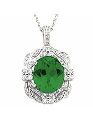 14K White Gold Oval Cut Chatham Created Emerald and Diamond Pendant -- LIFETIME WARRANTY