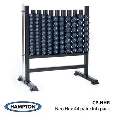 Hampton Fitness Neo Hex (Neoprene Coated Cast Iron) Club Pack: 44 Pair Set w/ Rack (Commercial Grade)